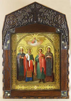 Старинная икона Святые Пантелеймон, Ефим, Николай, Евдокия