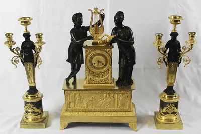 Каминный гарнитур в стиле ампир - часы "Орфей и Эвридика ", канделябры с античными кариатидами
