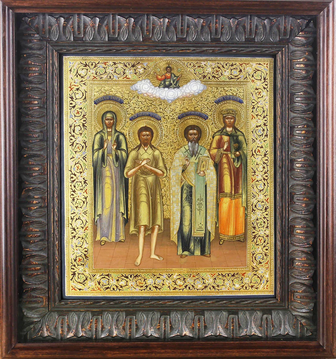Старинная икона "Святая праведная Анна, святой Божий человек Алексей, Александр, святая великомученица Варвара"