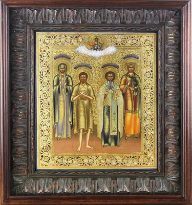 Старинная икона "Святая праведная Анна, святой Божий человек Алексей, Александр, святая великомученица Варвара"