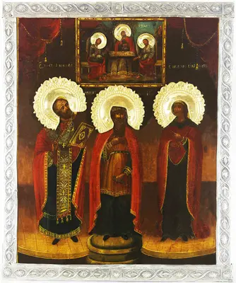 Старинная икона "Святая Троица, Святитель Христов Николай, пророк Захария и праведная Елизавета"