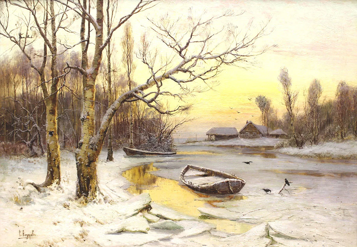 Зимний пейзаж с лодкой