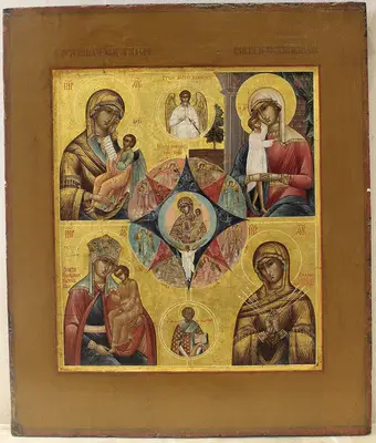Четырёхчастная икона "Богоматерь Неопалимая купина, Утоли мои печали, Взыскание погибших, Избавление от бед страждущих, Умягчение злых сердец"
