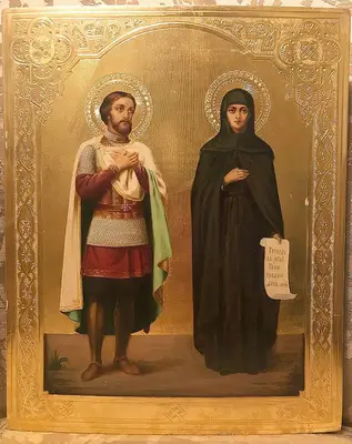 Антикварная икона "Святой князь Александр Невский и святая преподобная Анастасия"
