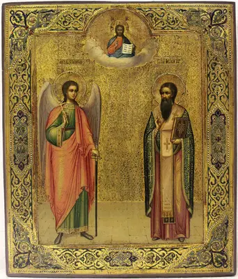 Старинная икона "Святой Василий Великий и Ангел Хранитель"