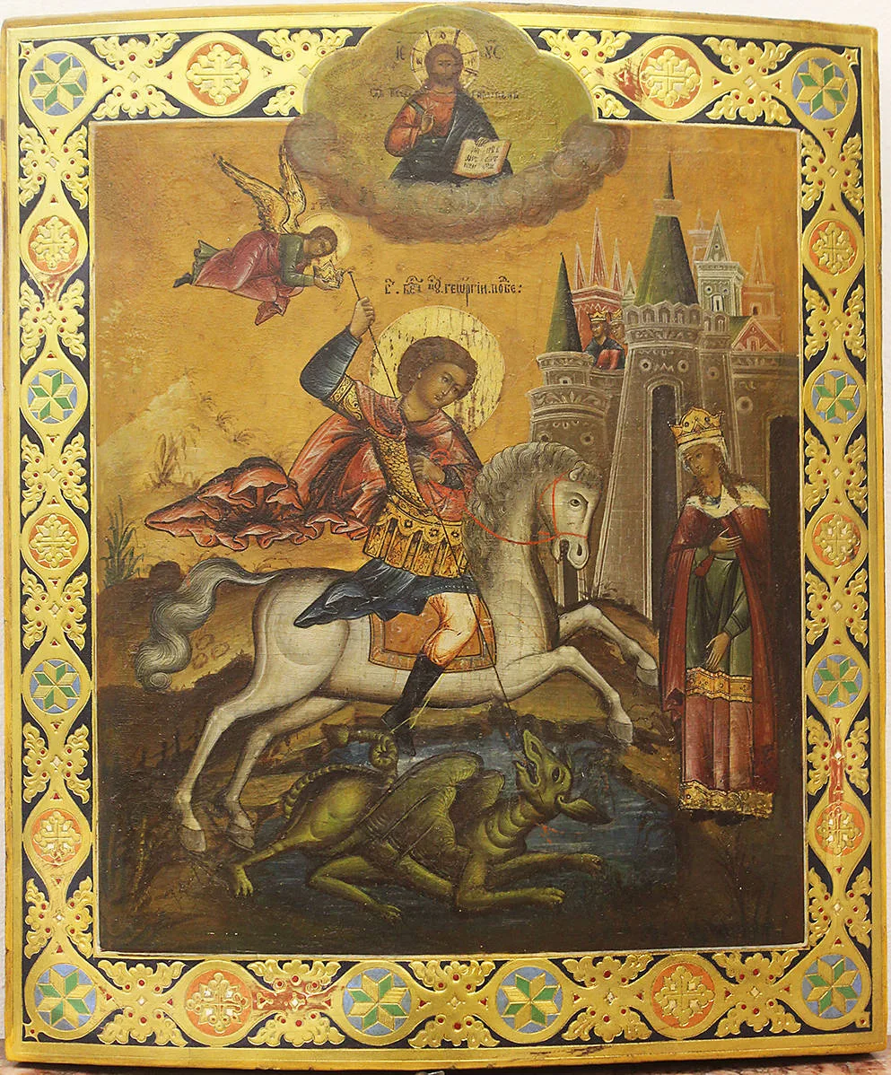 Антикварная икона "Георгий Победоносец, поражающий змея (Чудо Георгия о змие)"