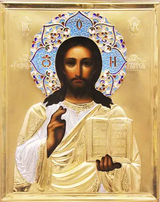 Антикварная икона "Господь Вседержитель" в окладе с перегородчатой эмалью