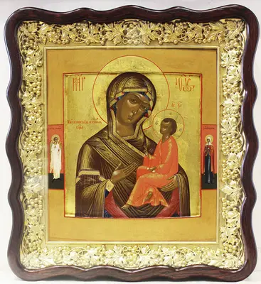 Старинная икона "Богоматерь Тихвинская" с предстоящими
