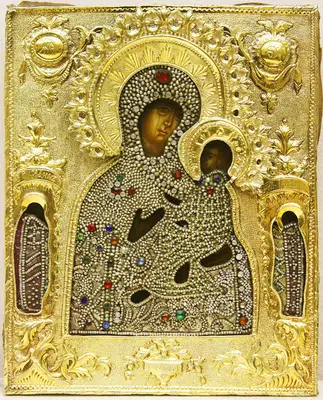 Старинная икона "Богоматерь Тихвинская" в окладе с камнями и бисером