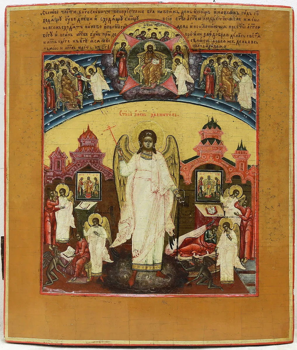 Редкая старинная икона "Святой Ангел Хранитель со сценами жития"