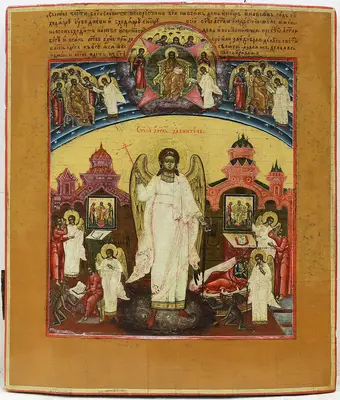 Редкая старинная икона "Святой Ангел Хранитель со сценами жития"