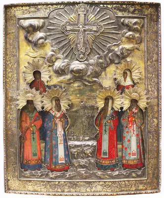 Старинная икона "Распятие, Параскева, Алексей митрополит, Филипп митрополит, Мария Магдалена, митрополит Петр, митрополит Иона" в окладе