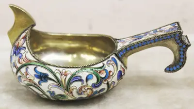 Серебряный ковш с расписной эмалью