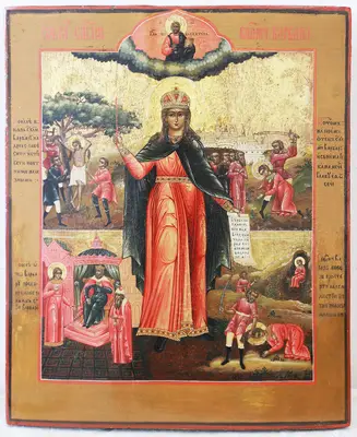 Старинная икона "Святая великомученица Варвара с житием"