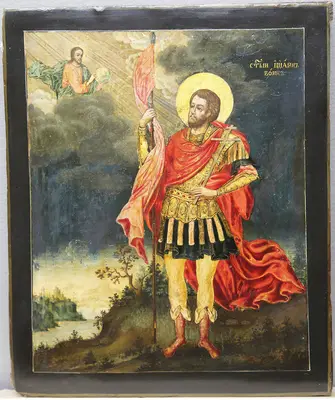 Старинная икона "Иоанн Воин со знаменем"