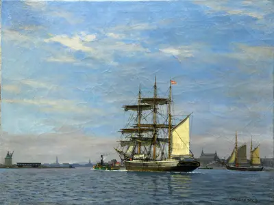 Морской пейзаж. Датский барк в порту