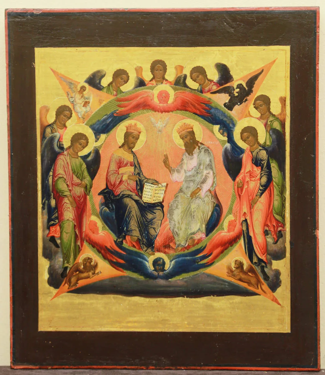 Старинная икона "Сопрестолие" ("Троица Новозаветная")