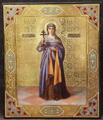 Старинная икона "Святая царица Александра" на золотом фоне