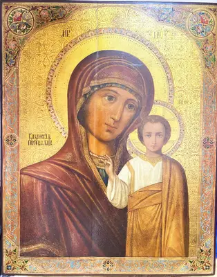 Большая старинная икона "Богоматерь Казанская" с цветочным декором
